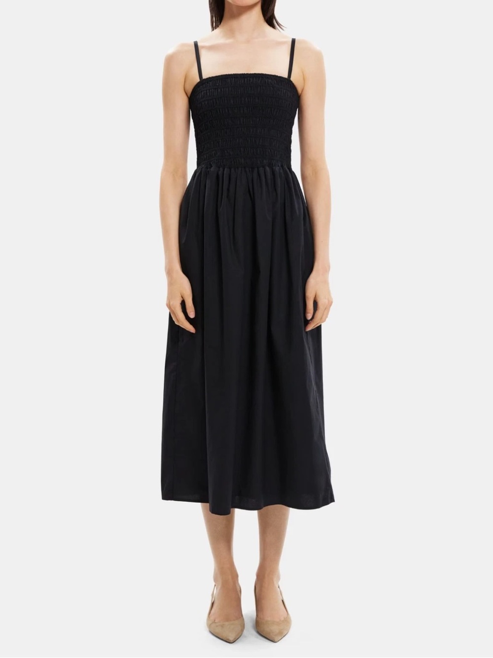 Theory City Smocked Stretch Poplin Midi SunDress Dress Black size P XS 0-2 $365